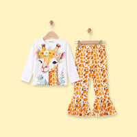 Girls White Giraffe Print T-Shirt With Flared Pants Sets 2 pc. Sets White 2-3 Y