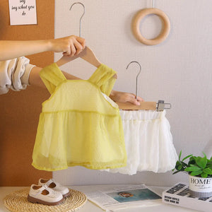 Girls Yellow Checked Sleeveless Top With Bloomer-style Shorts Sets Sets