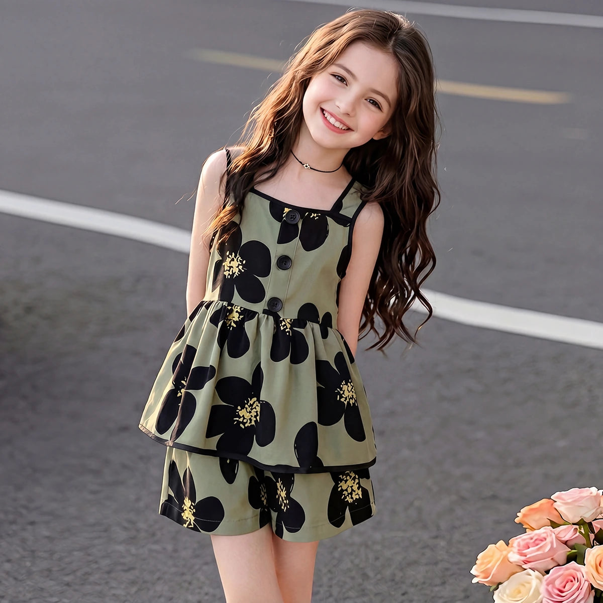 Girls Olive Green Floral Print Square Neck Top With Elasticated Shorts Sets 2 pc. Sets Olive 3-4 Y