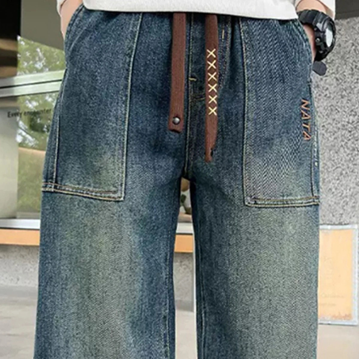 Boys Light Blue Denim Joggers With Front Patch Pockets Pants