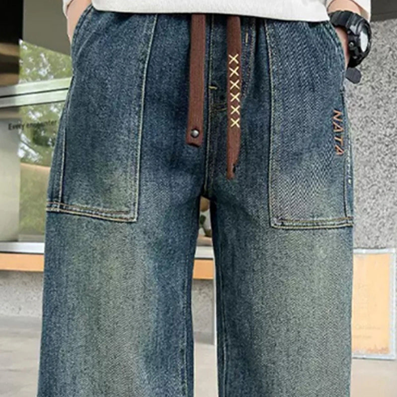 Boys Light Blue Denim Joggers With Front Patch Pockets Pants