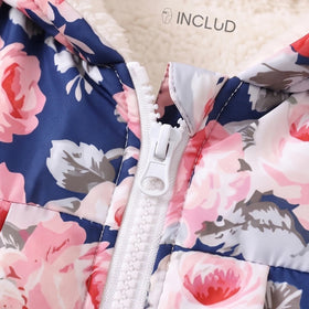 Girls Navy Blue Floral Print Long Sleeve Hooded Jacket Coats & Jackets