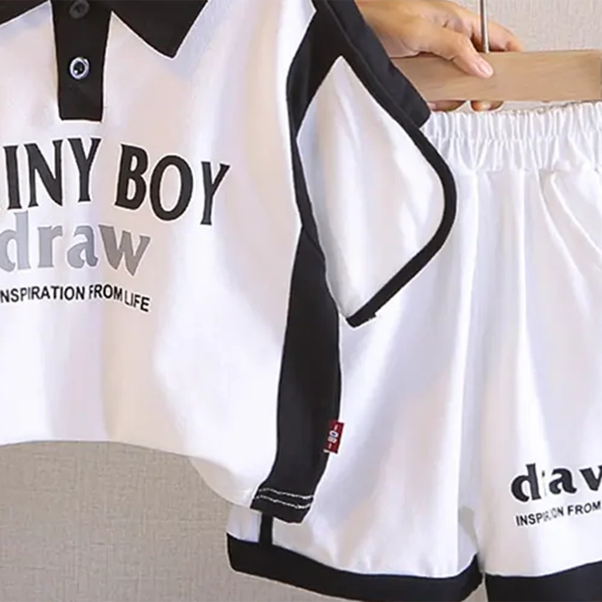Boys White Typographic Printed Polo T-Shirt With Shorts Co-ord Sets Sets