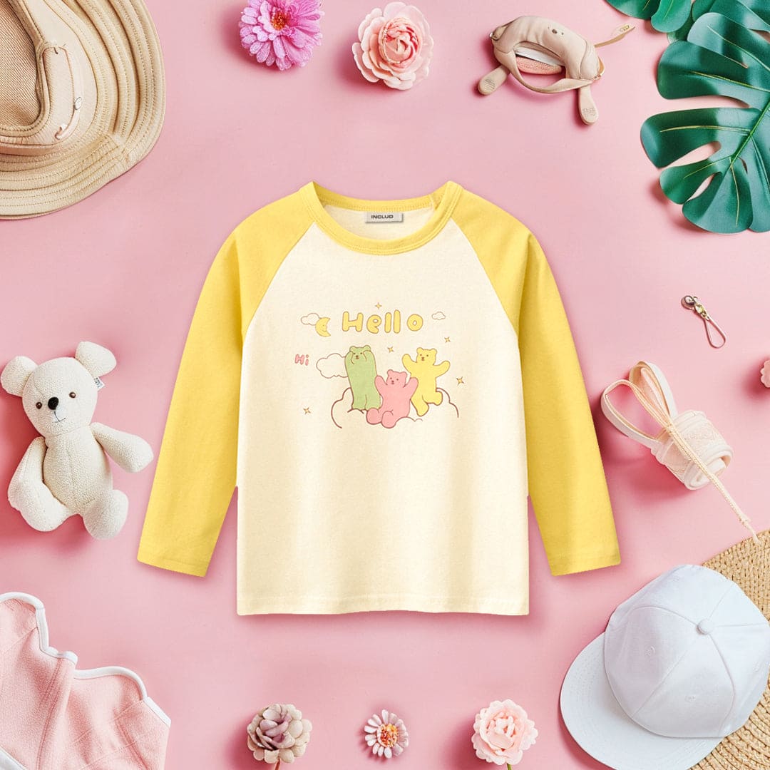 Girls Printed Raglan Sleeves T-shirt Tshirts Yellow 1-2 Y 