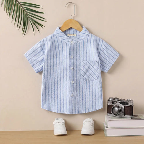 Boys Light Blue Stripes Shirt With Mandarin Collar Shirts Light Blue 1-2 Y