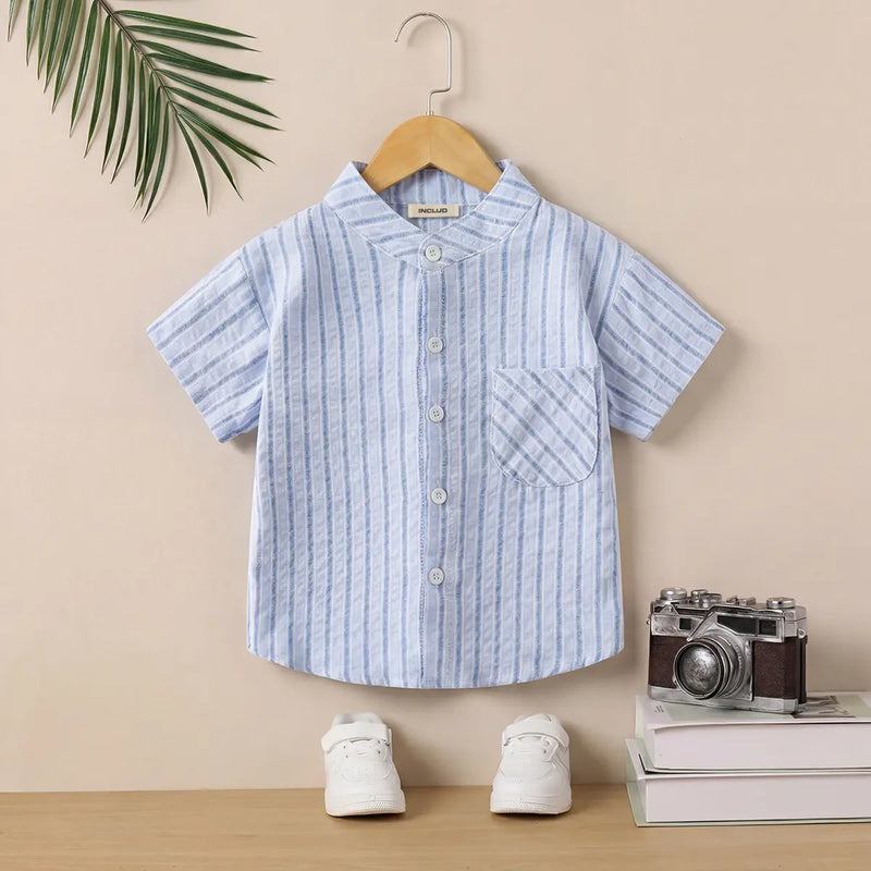 Boys Light Blue Stripes Shirt With Mandarin Collar Shirts Light Blue 1-2 Y