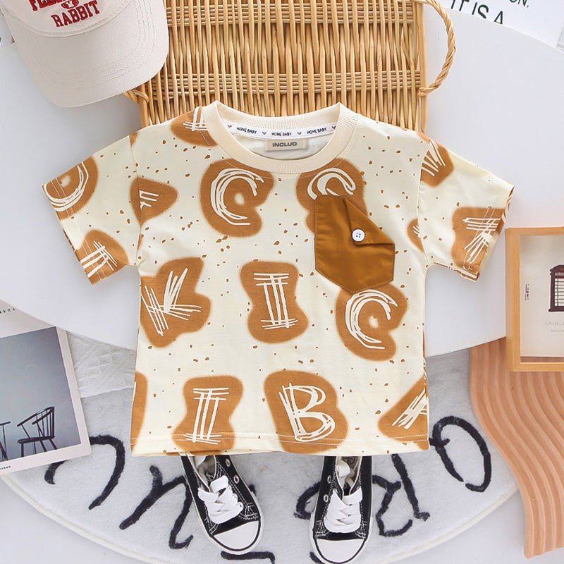 Boys Brown Typographic Printed Short Sleeves T-Shirt With Shorts Set 2 pc. Sets