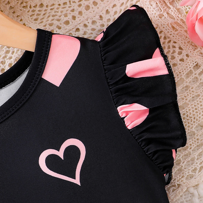 Girls Black Heart Print Flutter Sleeve A-line Dress Casual Dresses