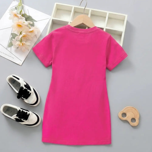 Girls Fuchsia Heart Print Short Sleeve T-Shirt Dress Casual Dresses