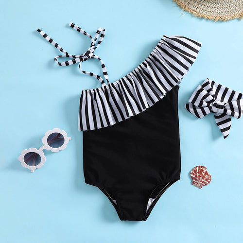 Girls Black One Shoulder Swimwear Bodysuit With Strips Ruffle & Hairband Beachwear Black 1-2 Y