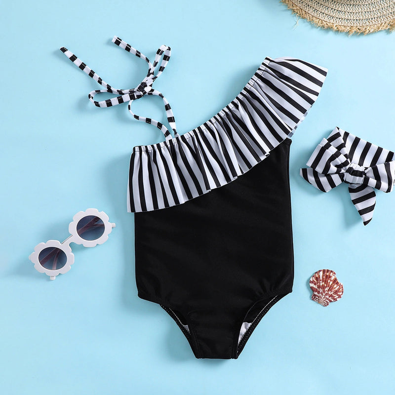 Girls Black One Shoulder Swimwear Bodysuit With Strips Ruffle & Hairband Beachwear Black 1-2 Y