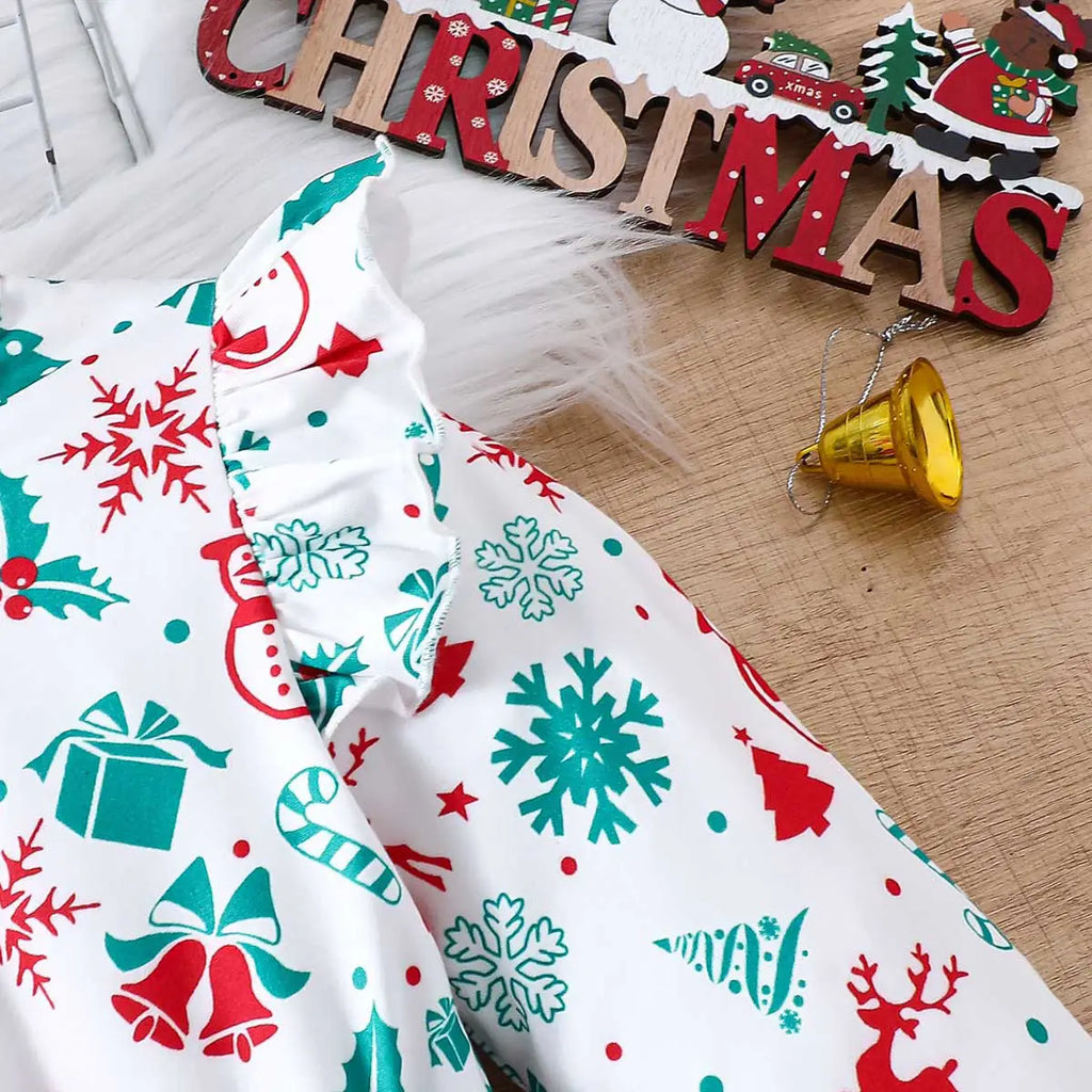 Girls Green Christmas Theme Printed Fit & Flare Dress Casual Dresses