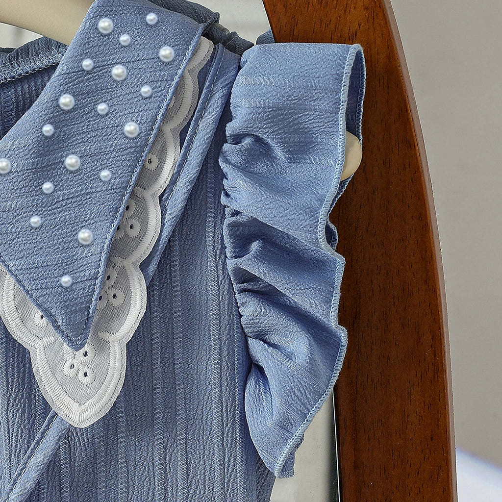 Girls Blue Textured Fit & Flare Dress With Embellished collar Casual Dresses