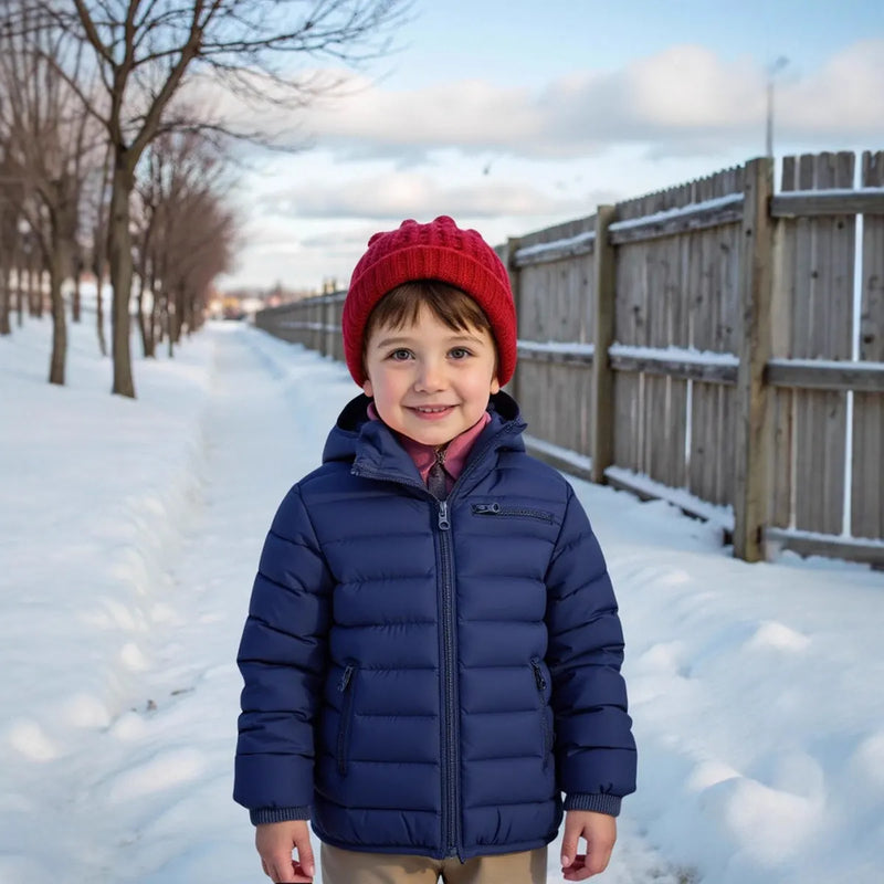 Boys Navy Blue Hooded Puffer Jacket With Long Sleeves Coats & Jackets
