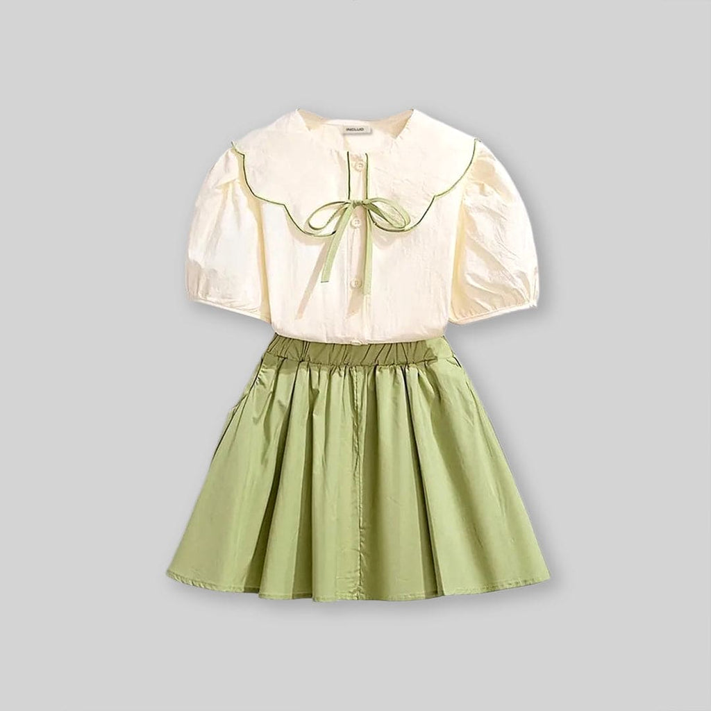 Girls Puff Sleeves Peter Pan Collar Top With Skirt Sets   