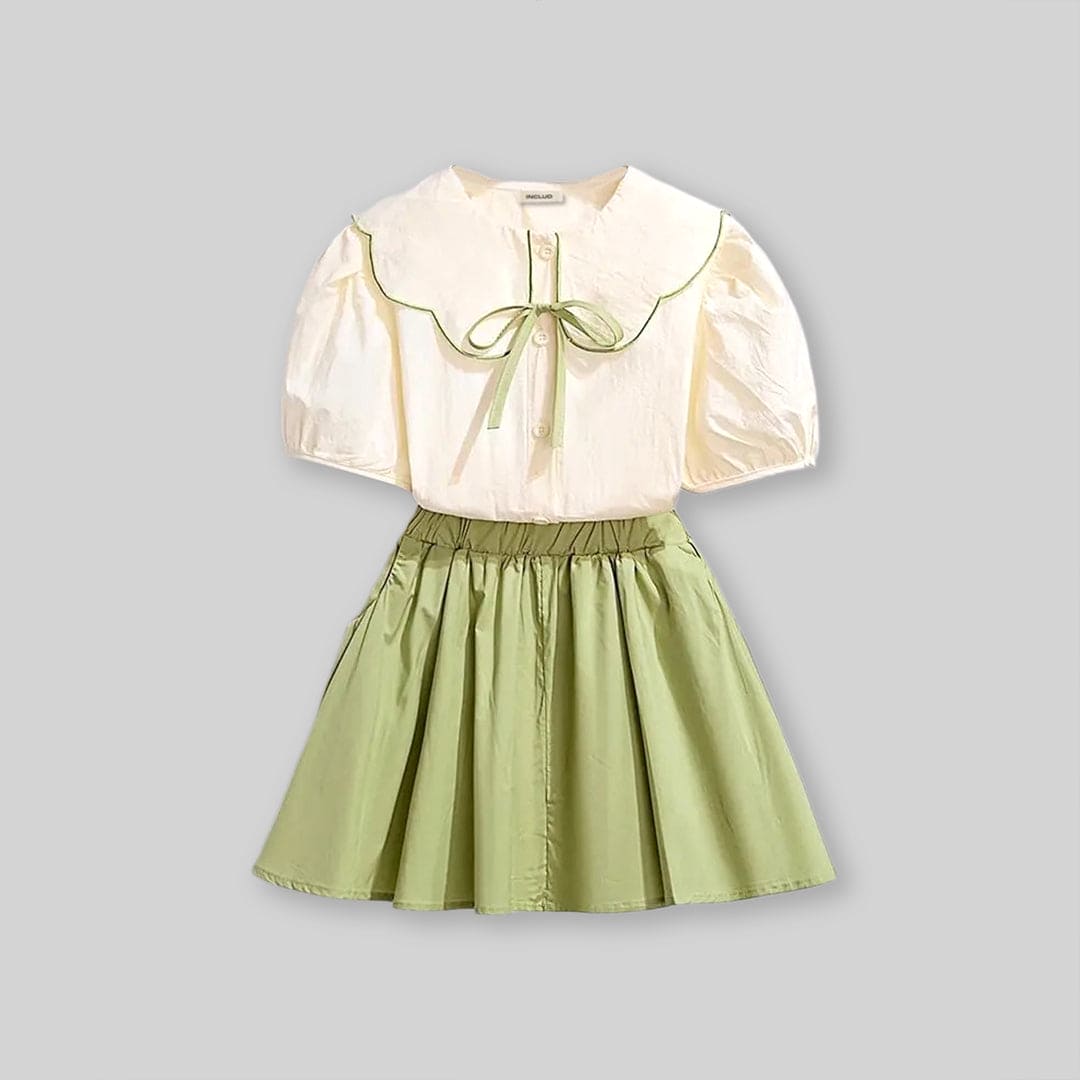Girls Puff Sleeves Peter Pan Collar Top With Skirt Sets   