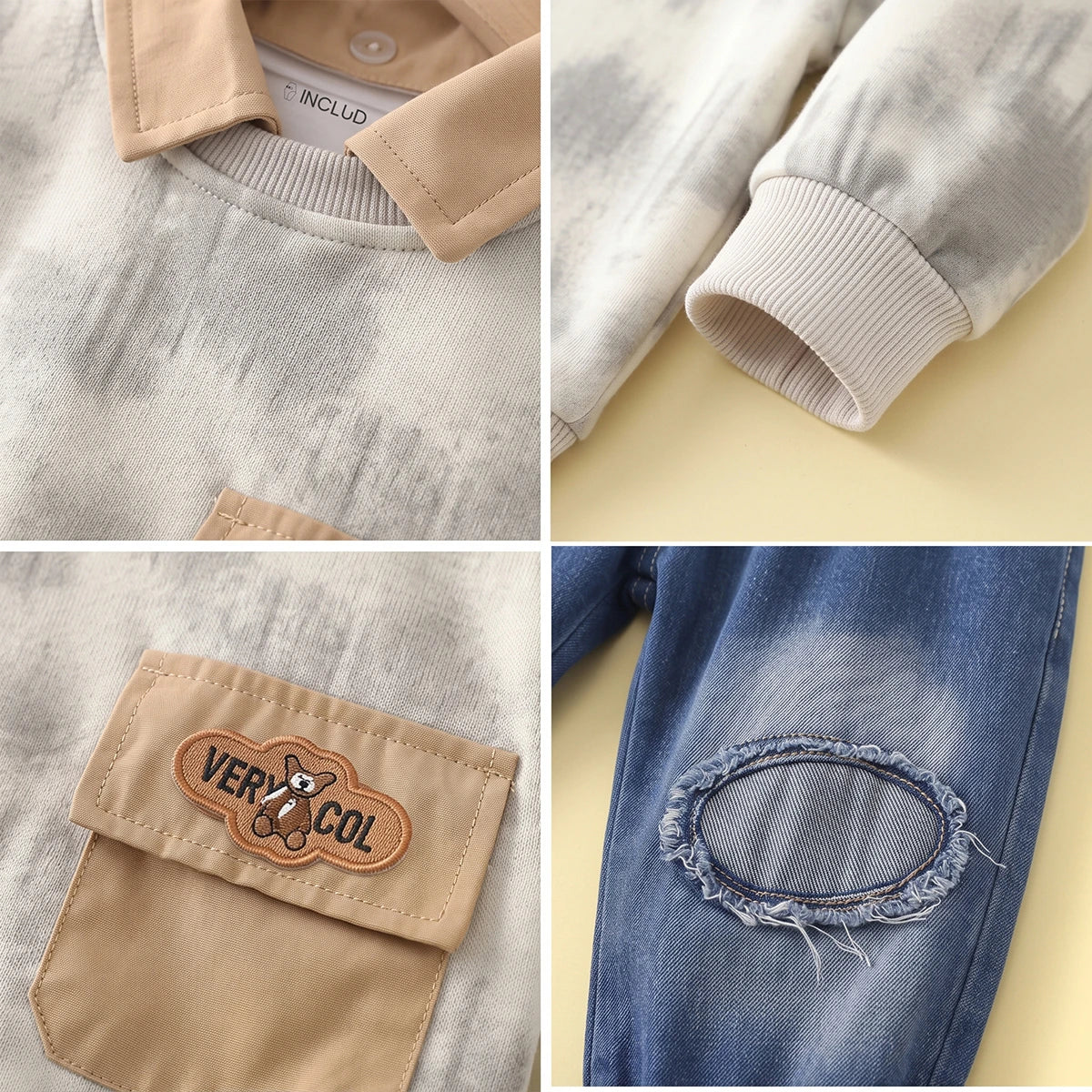 Boys Light Grey Abstract Print Sweatshirt With Denim Pants Sets Sets