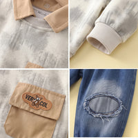 Boys Light Grey Abstract Print Sweatshirt With Denim Pants Sets Sets