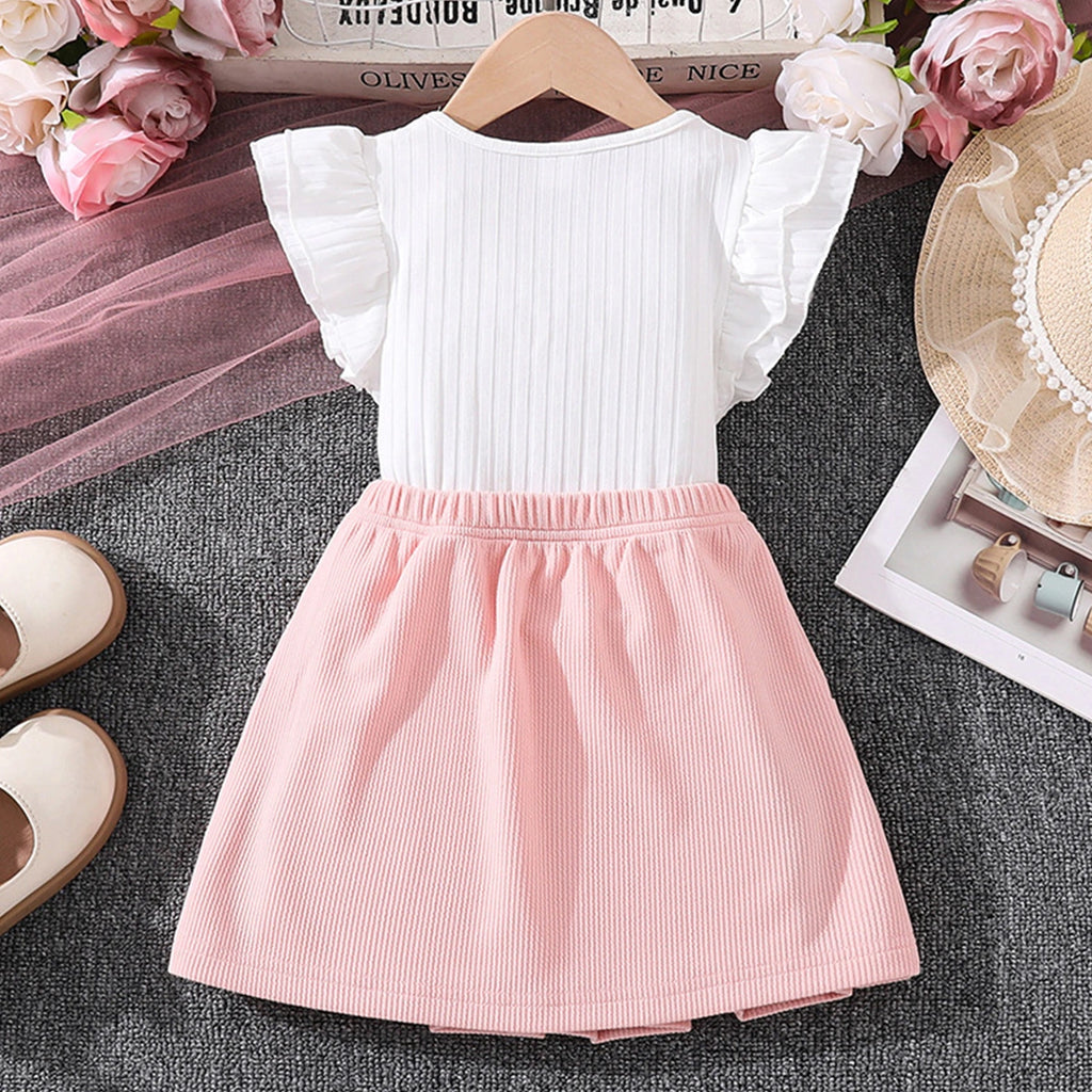 Girls White Textured Flutter Sleeve Top With Elasticated Skirt Sets 2 pc. Sets