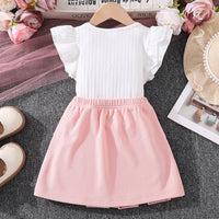 Girls White Textured Flutter Sleeve Top With Elasticated Skirt Sets 2 pc. Sets