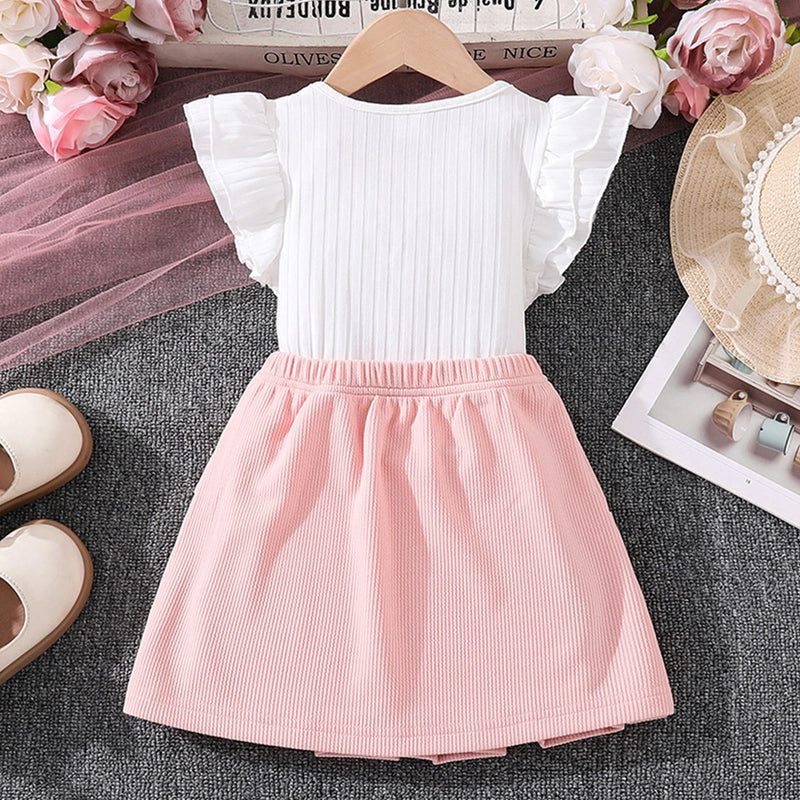 Girls White Textured Flutter Sleeve Top With Elasticated Skirt Sets 2 pc. Sets