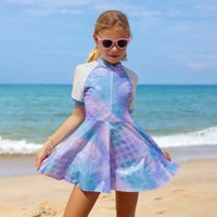 Girls Blue Mermaid Printed Fit And Flared Dress With Shorts Sets Sets