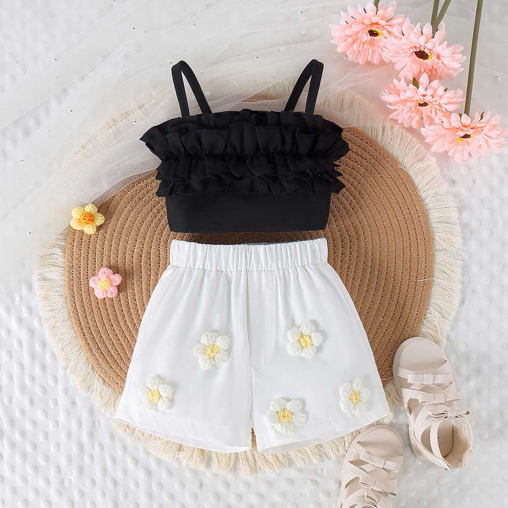Girls Camisole Top With Crochet Flower Applique Shorts Set