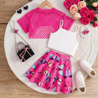 Girls Fuchsia Crop Top With Camisole Top And Butterfly Printed Skirt Sets 3 pc. Sets