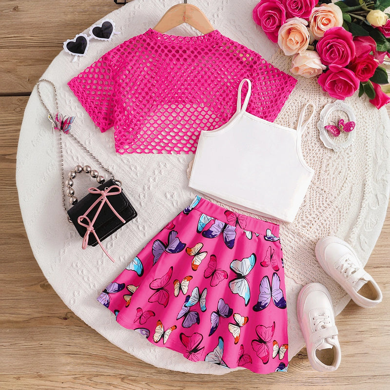 Girls Fuchsia Crop Top With Camisole Top And Butterfly Printed Skirt Sets 3 pc. Sets