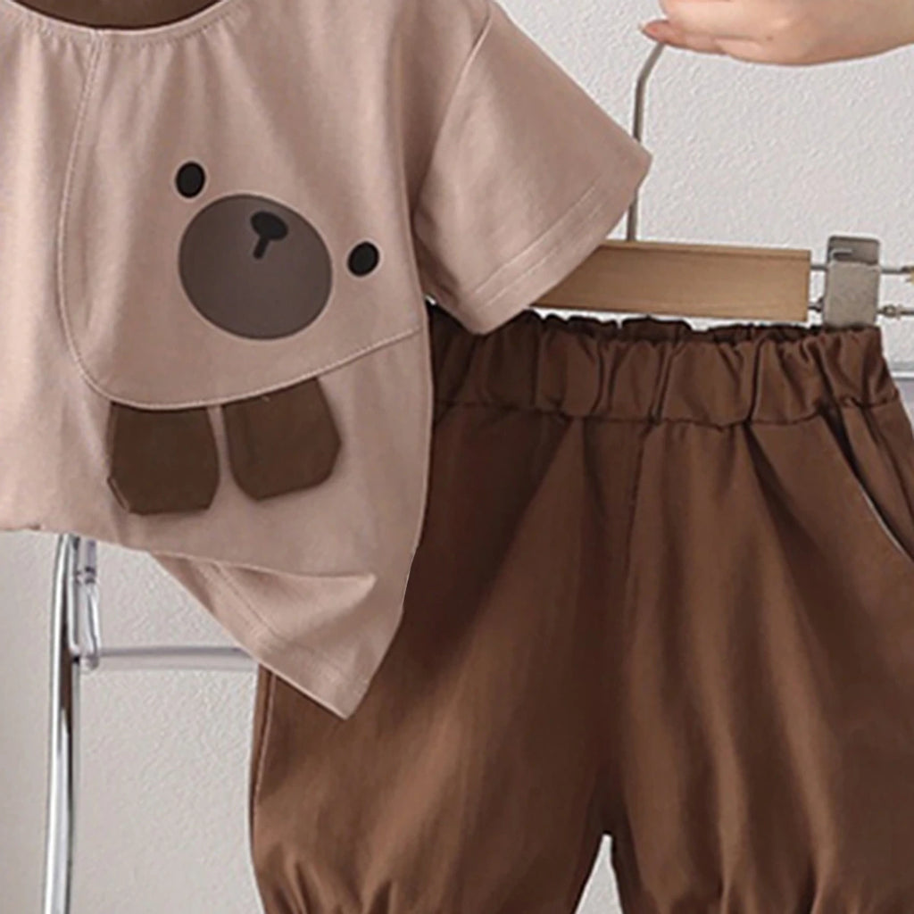 Boys Light Brown Bear Motif T-Shirt With Elasticated Shorts Sets Sets
