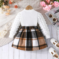 Girls Puff Sleeves Top With Brown Checked Skirt Set 2 pc. Sets