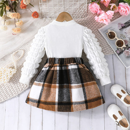 Girls Puff Sleeves Top With Brown Checked Skirt Set 2 pc. Sets