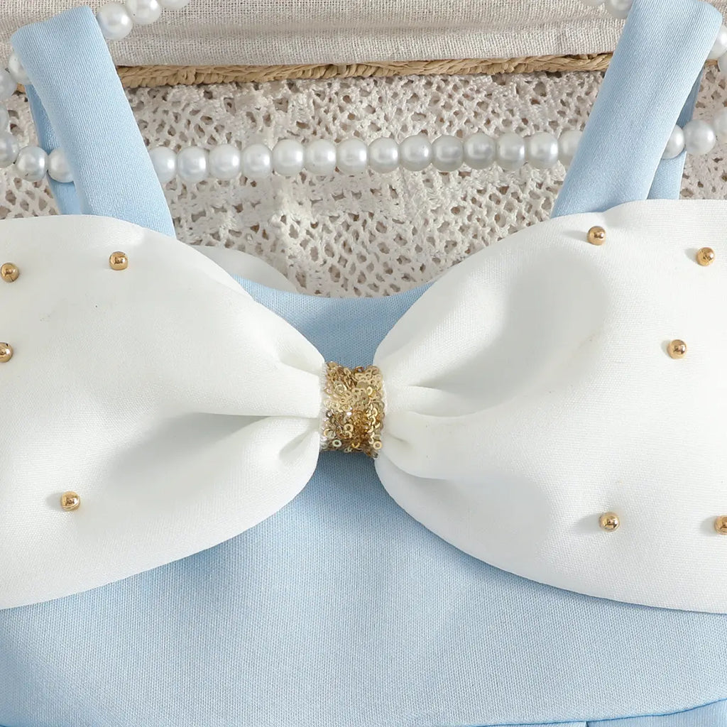 Girls Sky Blue Sleeveless Fit & Flare Party Wear Dress With Elegant Bow Detail Party Dresses