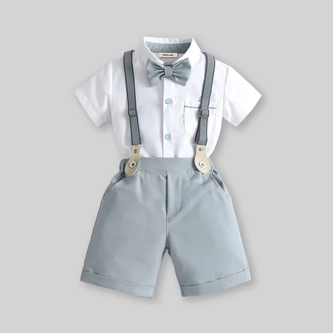 Boys Short Sleeve Shirt With Suspender Shorts Set Sets   