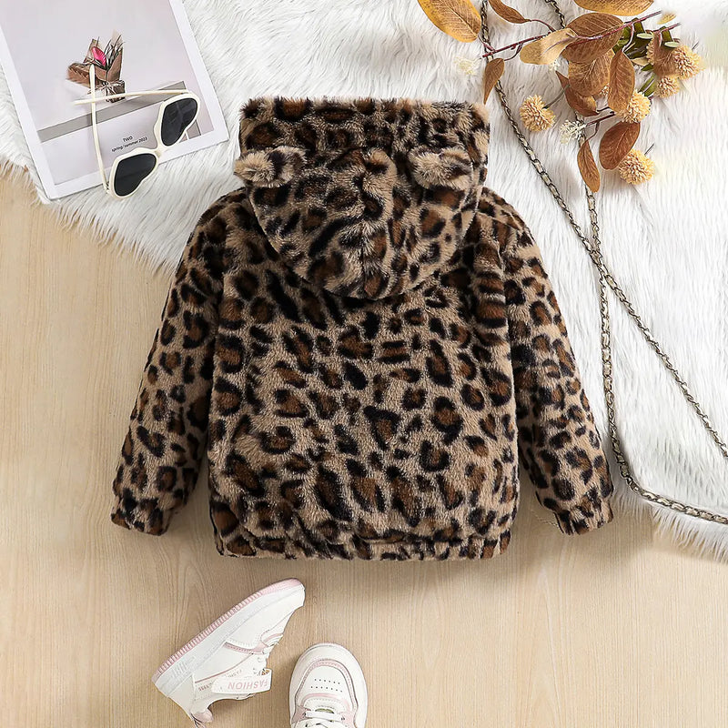 Girls Brown Leopard Print Polar Fleece Hooded Zipper Jacket Coats & Jackets