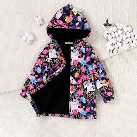 Girls Multicolor Floral Printed Hooded Front Open Winter Jacket Coats & Jackets Multicolor 3-4 Y