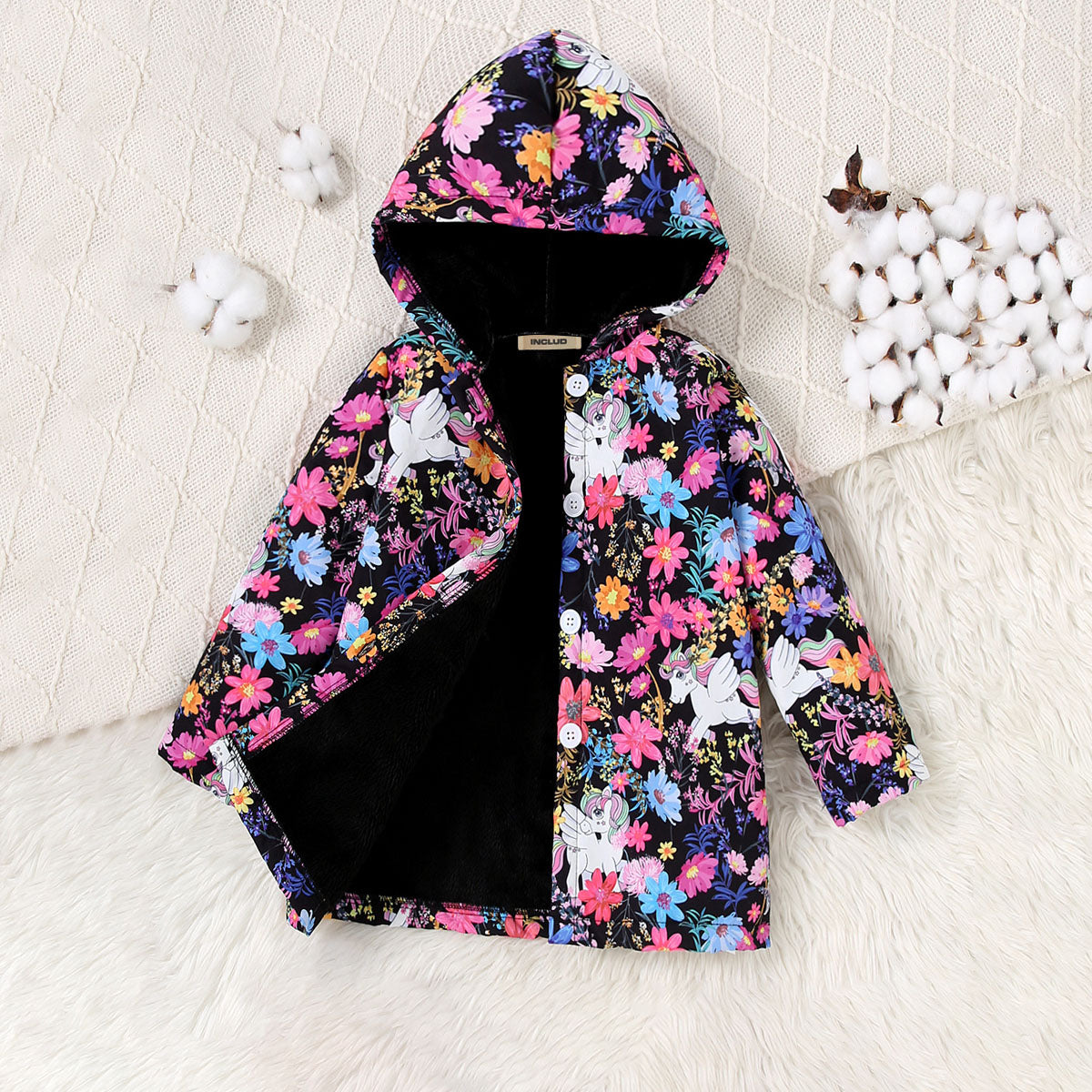 Girls Multicolor Floral Printed Hooded Front Open Winter Jacket Coats & Jackets Multicolor 3-4 Y