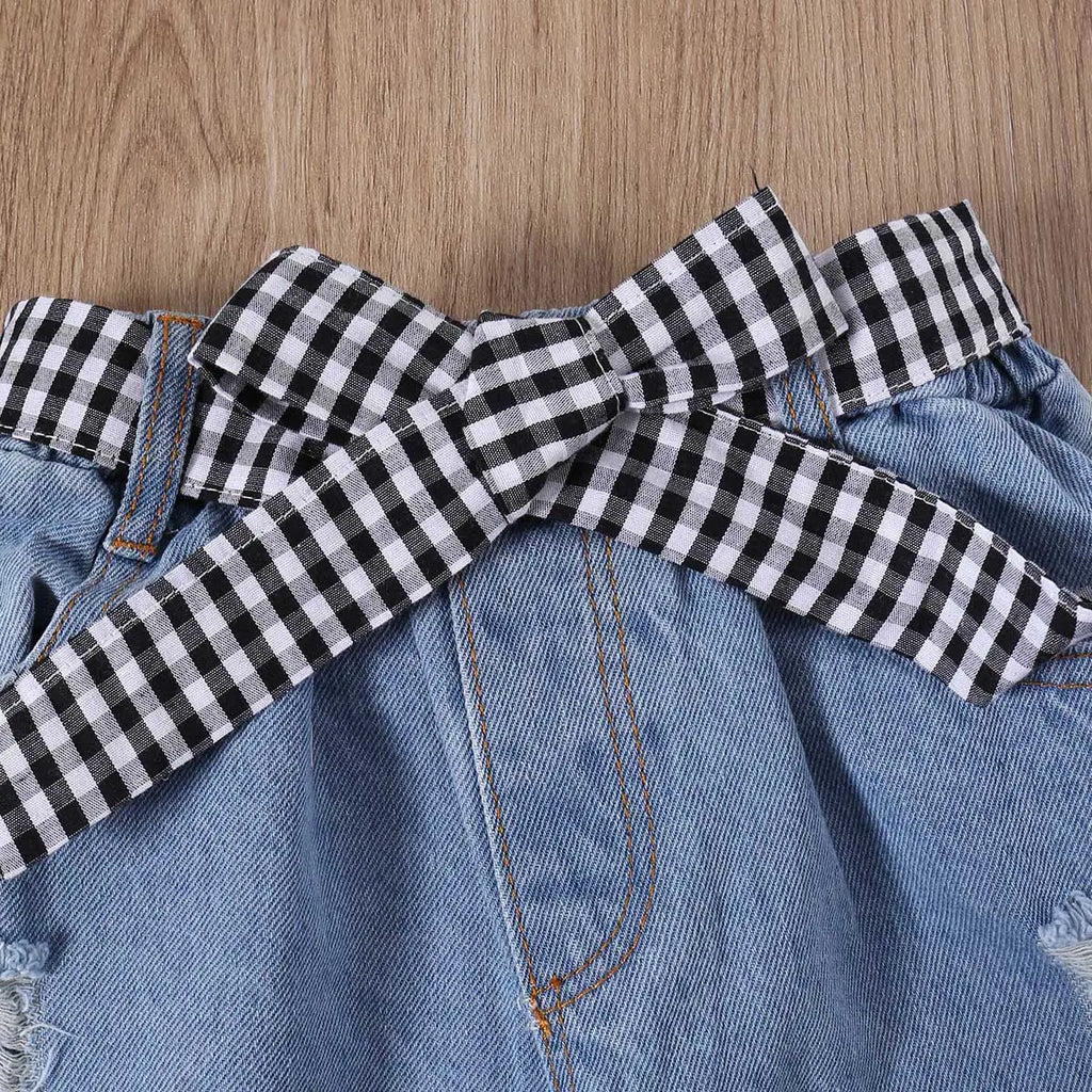 Girls Black Polka Dot Print Sheer Puff Sleeves Top With Distress Denim Sets Sets