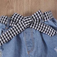 Girls Black Polka Dot Print Sheer Puff Sleeves Top With Distress Denim Sets Sets