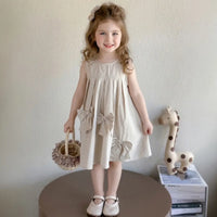 Girls Beige Pleated Sleeveless A-Line Dress With Bow Details Casual Dresses Beige 1-2 Y