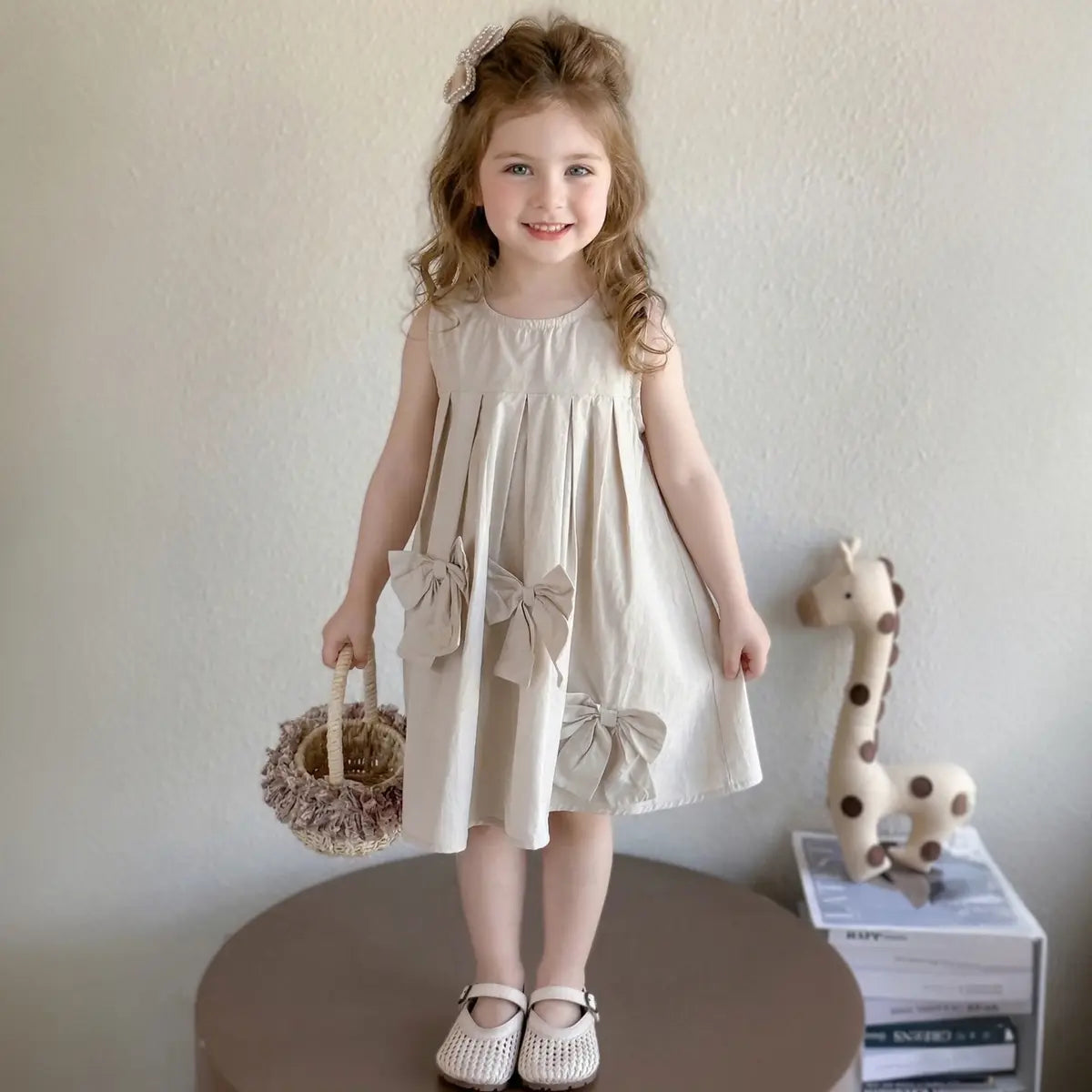 Girls Beige Pleated Sleeveless A-Line Dress With Bow Details Casual Dresses Beige 1-2 Y