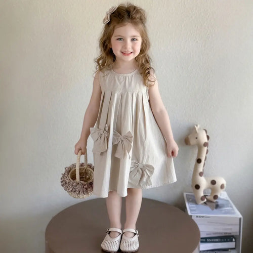 Girls Beige Pleated Sleeveless A-Line Dress With Bow Details Casual Dresses Beige 1-2 Y