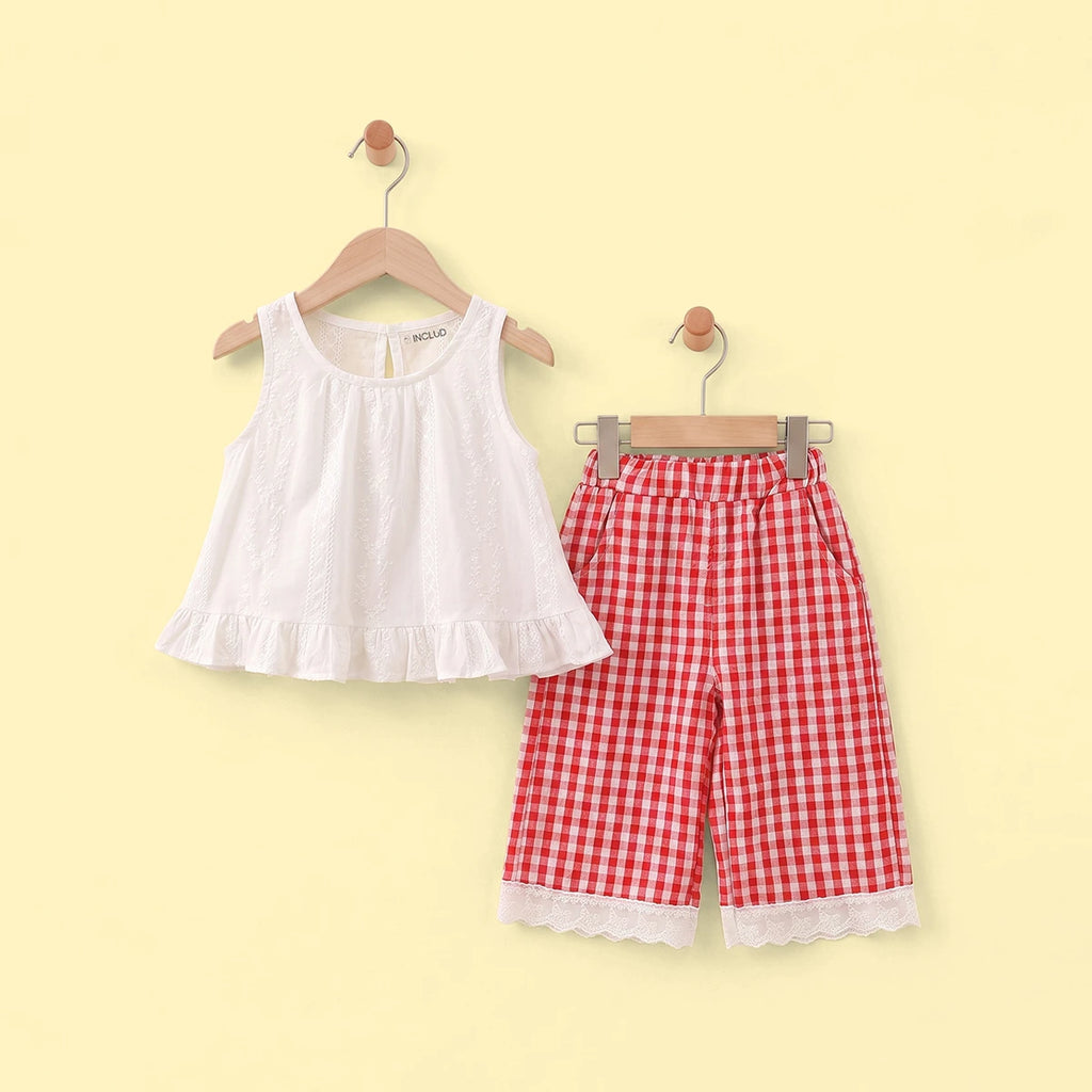 Girls White Sleeveless Top With Checked Pants Sets 2 pc. Sets White 1-2 Y