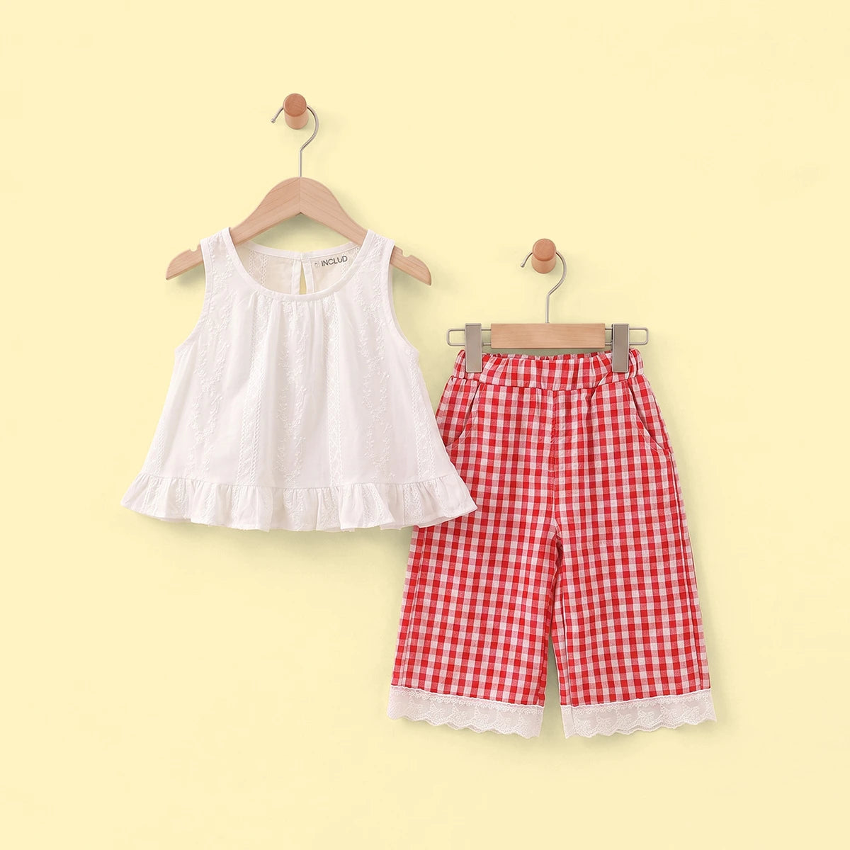 Girls White Sleeveless Top With Checked Pants Sets 2 pc. Sets White 1-2 Y