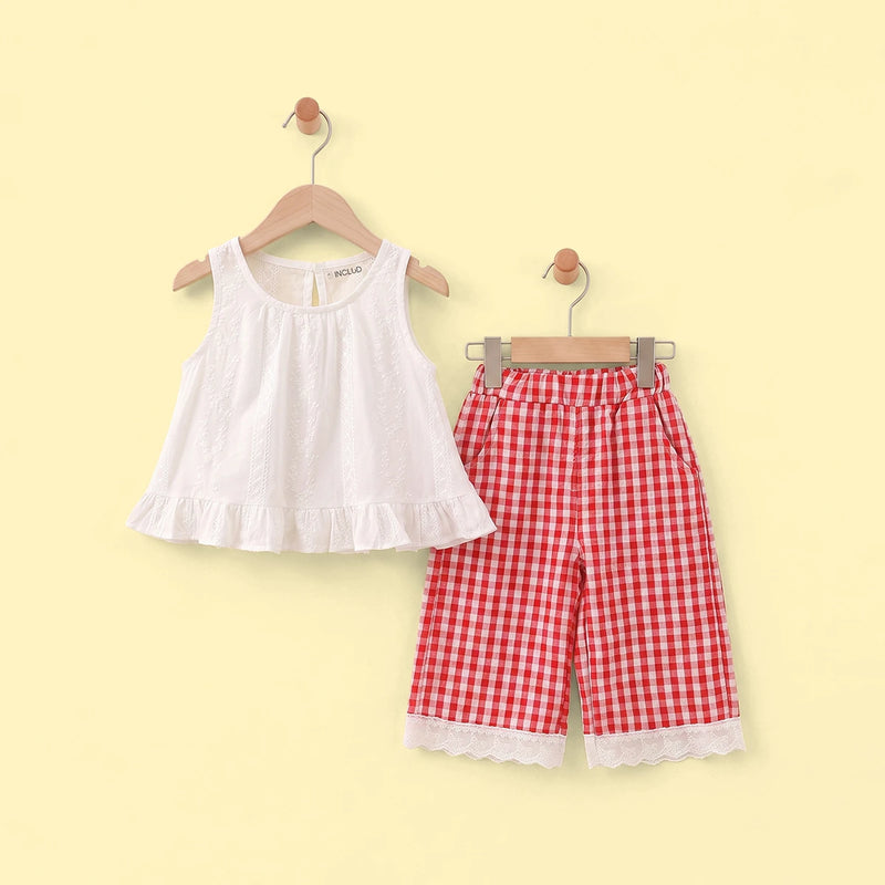 Girls White Sleeveless Top With Checked Pants Sets 2 pc. Sets White 1-2 Y