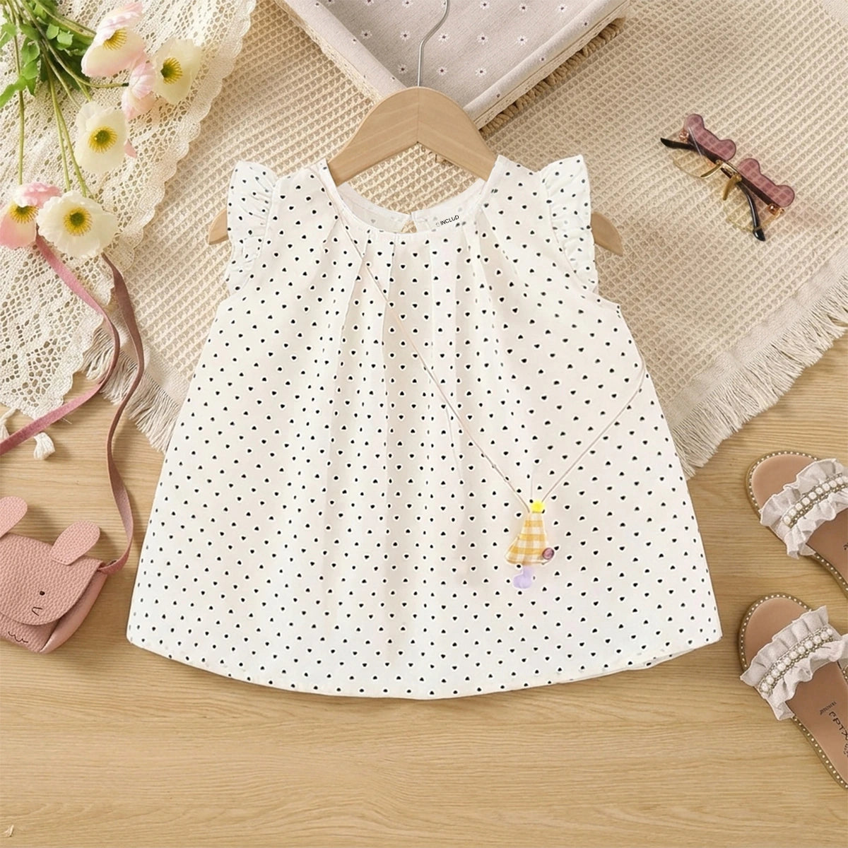 Girls Off White Polka Dot Print A-Line Dress Casual Dresses Off White 1-2 Y