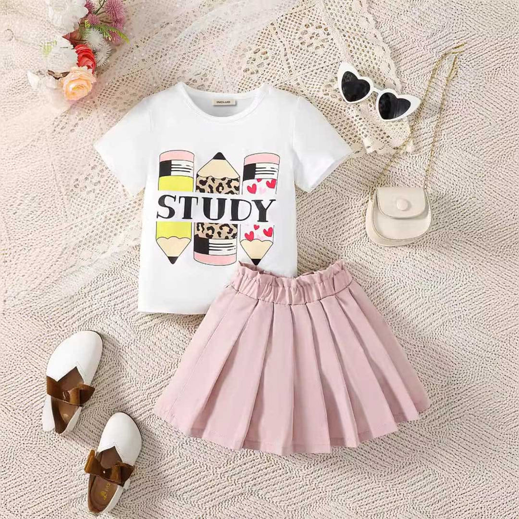 Girls Graphic Short Sleeves T-Shirt With Pleated Skirt Sets