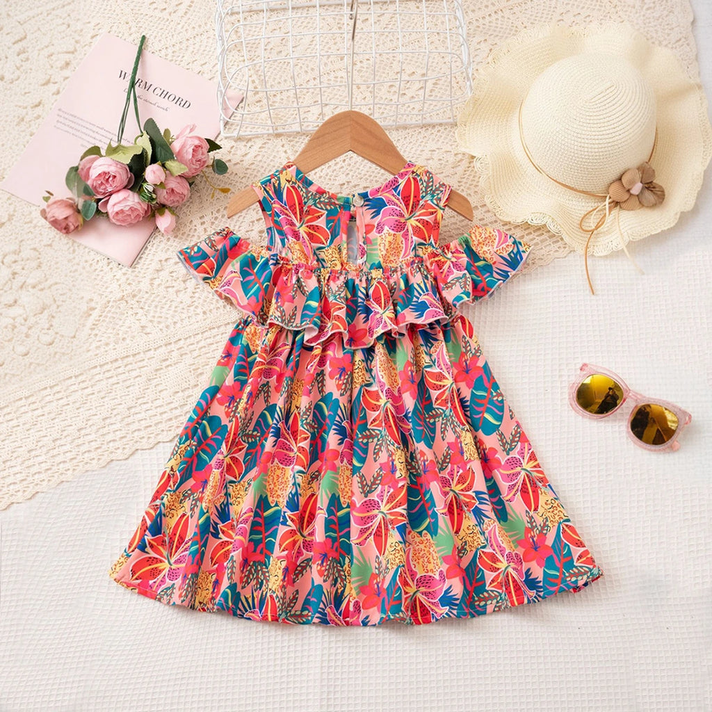 Girls Red Tropical Printed Fit & Flare Dress With Ruffle Detailing Casual Dresses