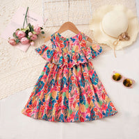 Girls Red Tropical Printed Fit & Flare Dress With Ruffle Detailing Casual Dresses