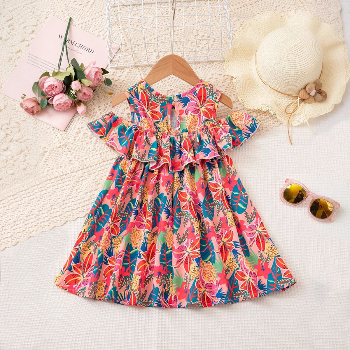 Girls Red Tropical Printed Fit & Flare Dress With Ruffle Detailing Casual Dresses